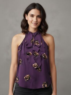 RW&CO Floral Halter Neck Top M Purple Sleeveless Ruffle Blouse Sophisticated